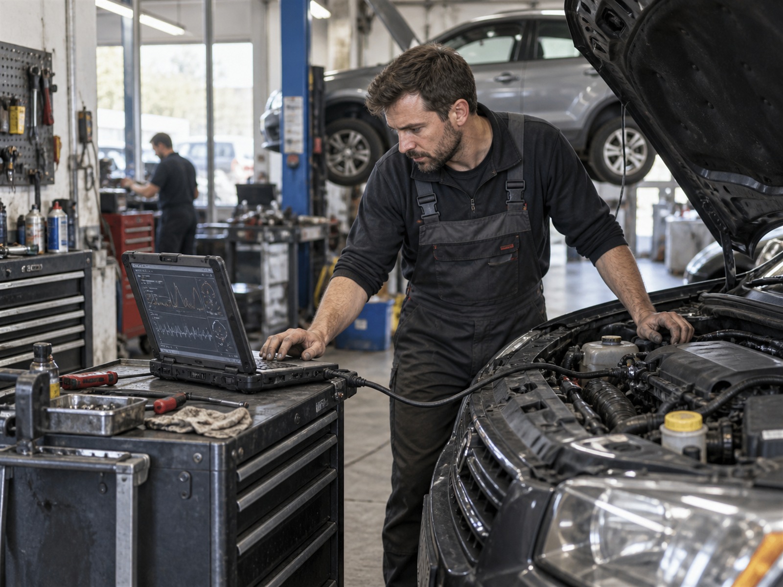 A technician running a diagnostic check from a laptop under a car's open bonnet.