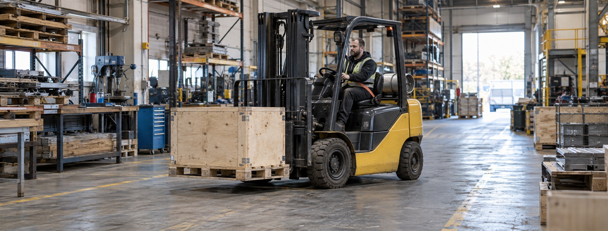 A forklift operator loading a crate onto a lorry in a warehouse.
