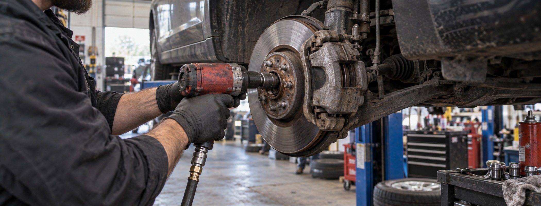 A mechanic using a pneumatic tool to service a car's suspension in a garage.