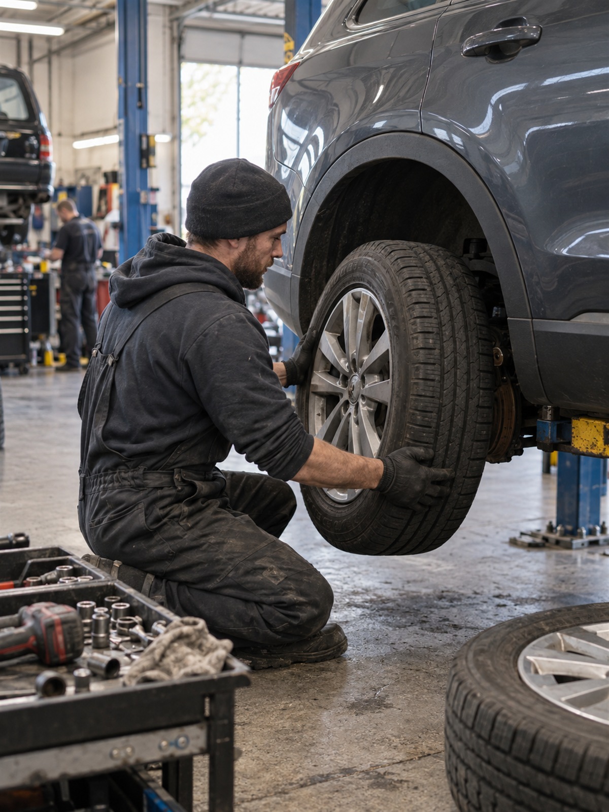 A mechanic repairing a car door lock beside an open vehicle door.
