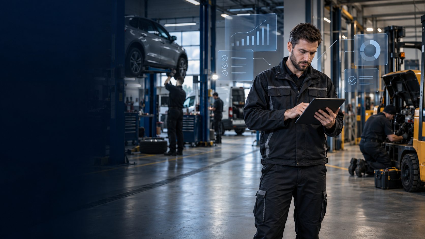 An engineer reviewing job and inspection data on a tablet, with a vehicle on a lift and a forklift in the background.